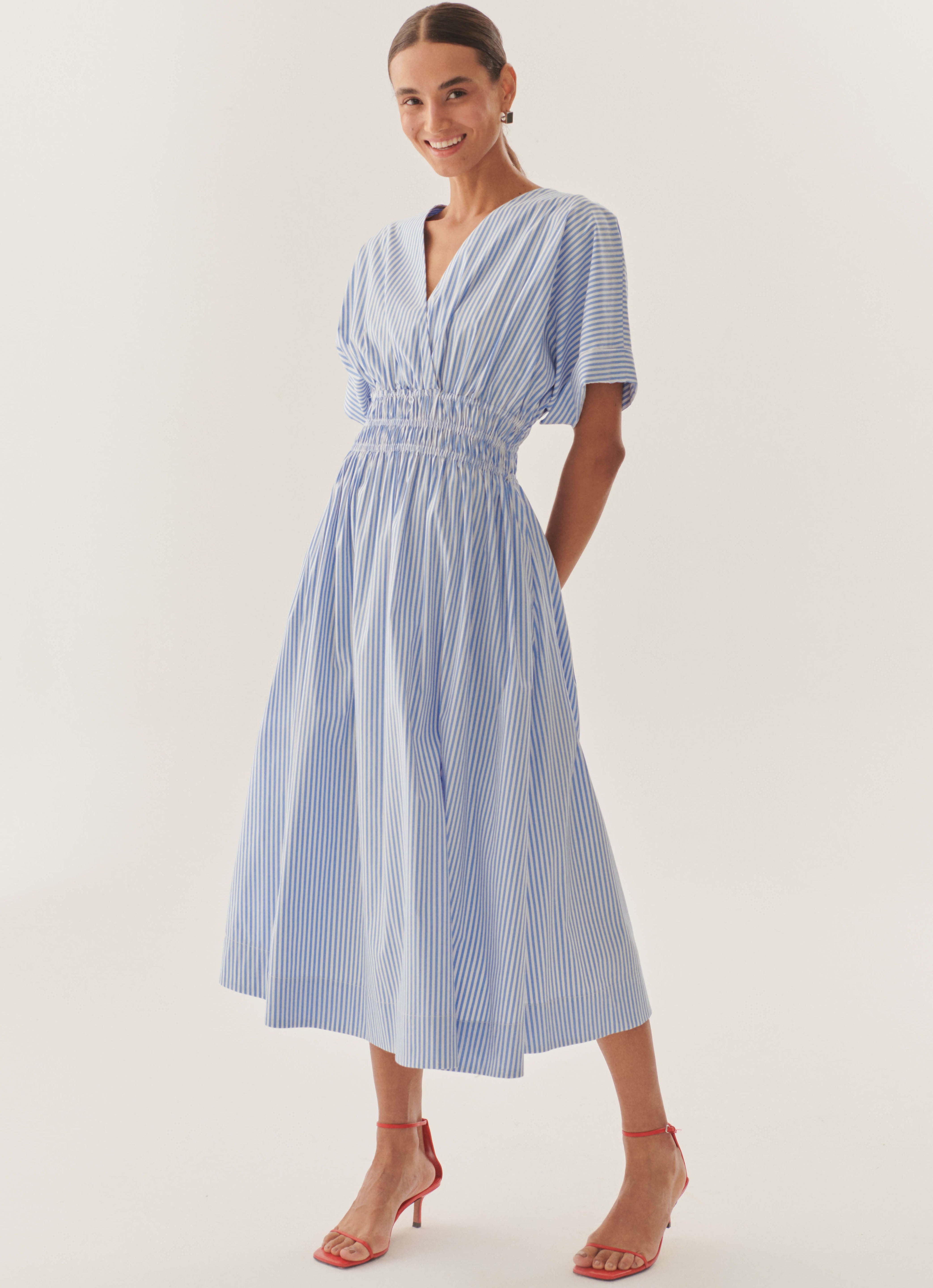 Exquise Presley Blue/White Striped V Neck Midi Dress With Short Sleeve