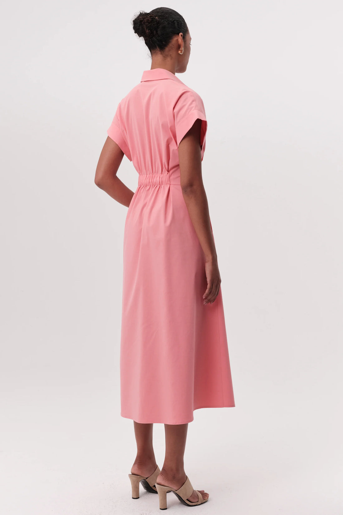     Coral midi dress short sleeve shirt style collar back view