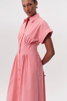     Exquise coral midi dress waist detail with pleating and buttons