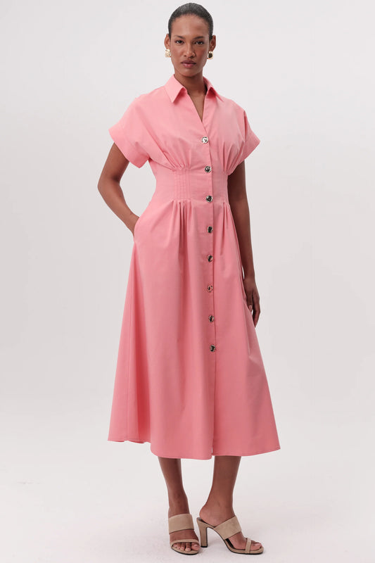     Exquise Reilly coral button front midi dress full length front view