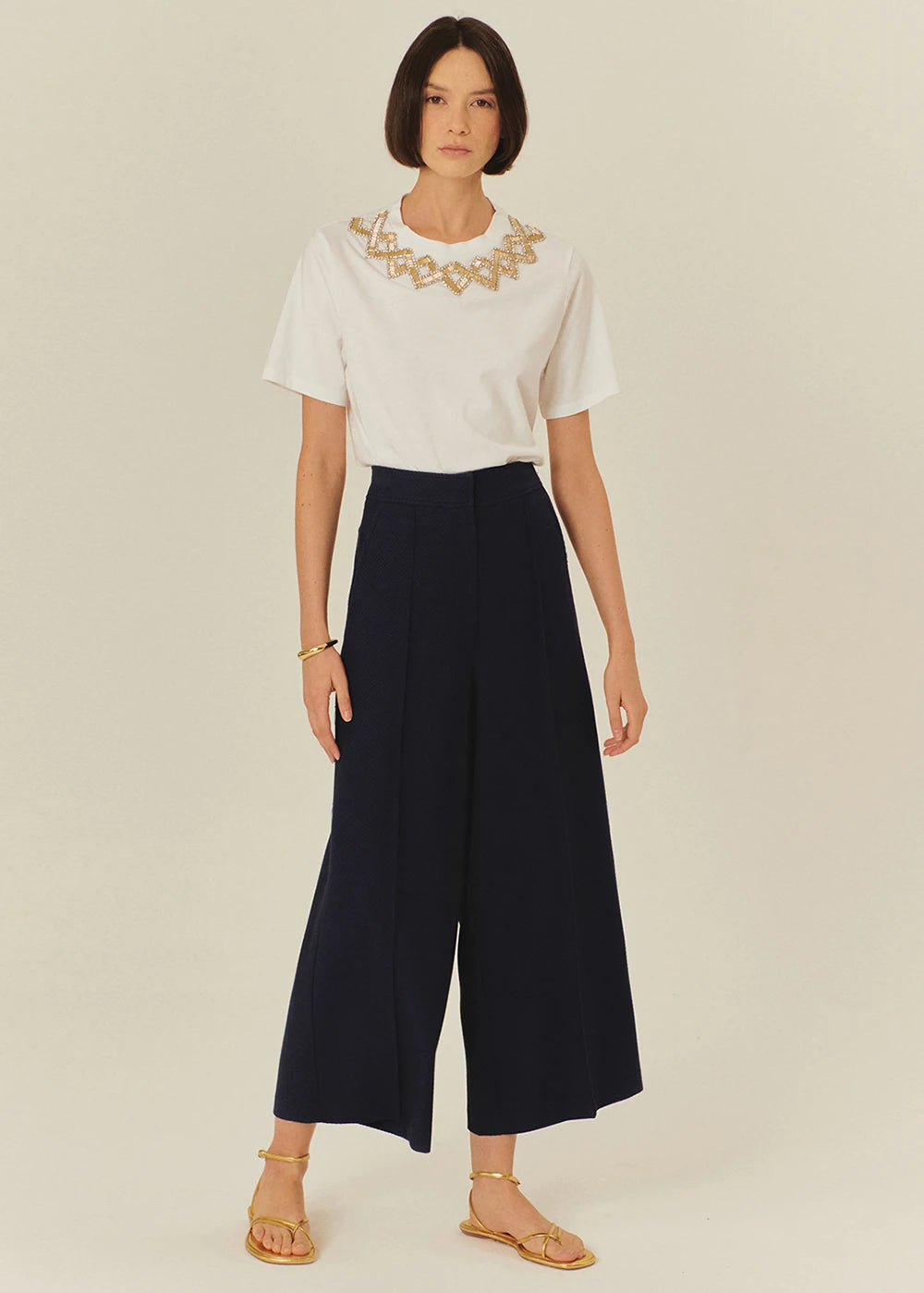 Exquise Sophie navy wide-leg trousers with high-waisted tailored fit