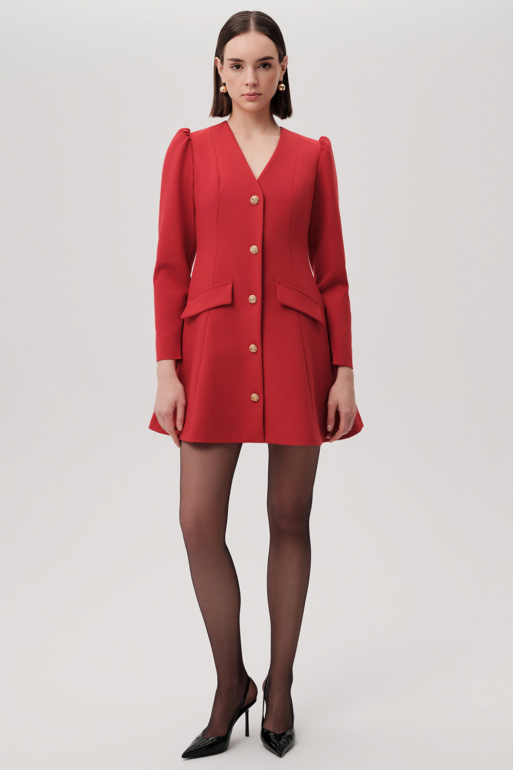 Exquise short red dress with puff shoulders and gold buttons – full body