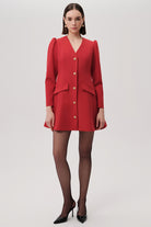 Exquise short red dress with puff shoulders and gold buttons – full body