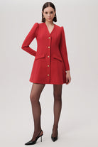 	Exquise red dress with flared hem and button detail – front view