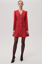 Exquise red button down v-neck mini dress with gold buttons – front view