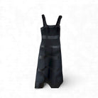 Exquise Verity Black Satin Stripe Midi Dress – front view with wide straps and asymmetric hem