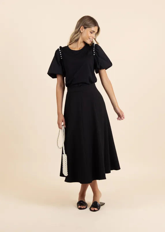 Fee G Luna Textured A-line Midi Skirt In Black