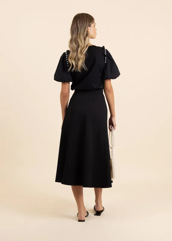 Fee G Luna Black Textured A-line Midi Skirt From Back