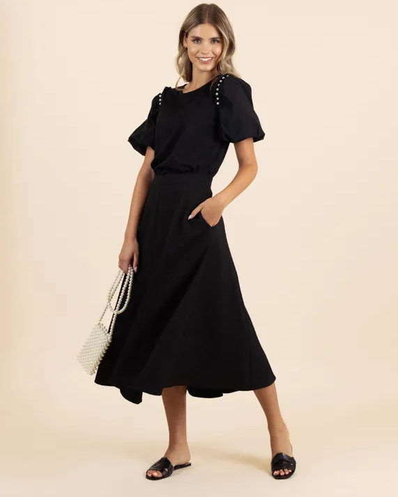 Fee G Luna Black Textured A-line Midi Skirt 