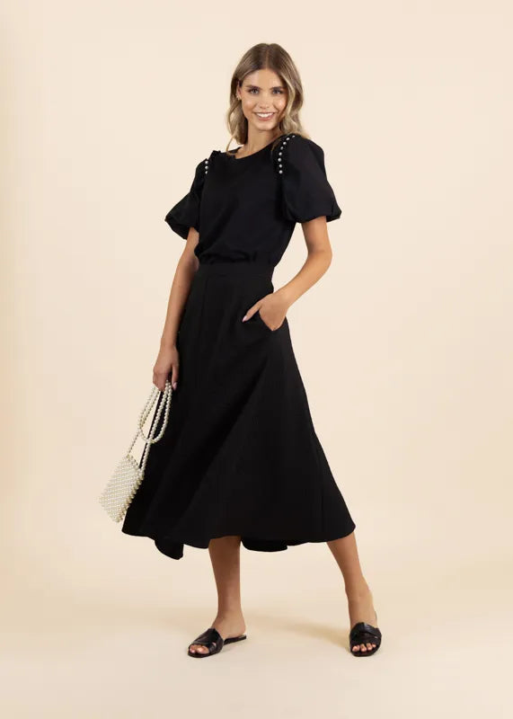 Fee G Luna Black Textured A-line Midi Skirt 