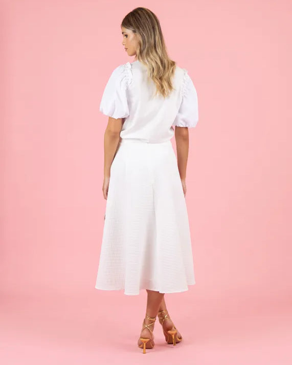Fee G Luna White Textured A-line Midi Skirt In White