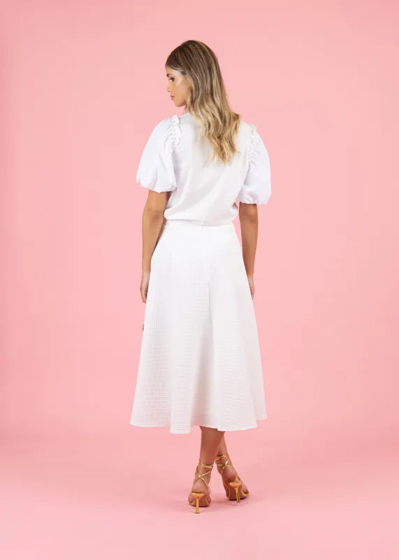 Fee G Luna White Textured A-line Midi Skirt In White