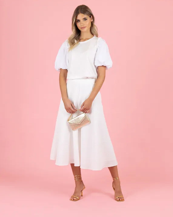 Fee G Luna Textured A-line Midi Skirt In White