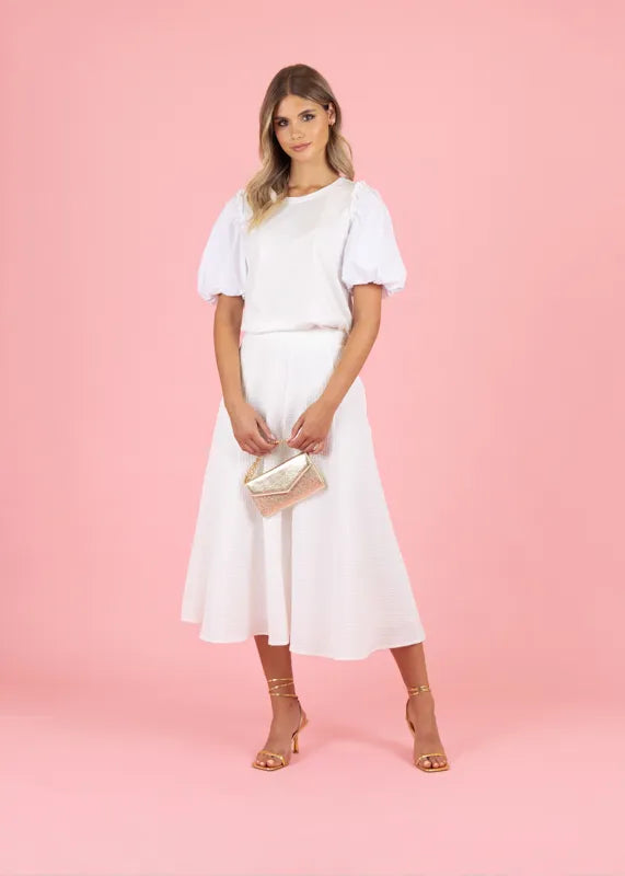 Fee G Luna Textured A-line Midi Skirt In White