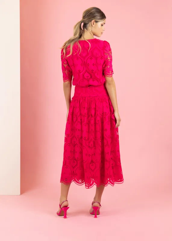 Fee G Alicia Lace Midi Skirt In Berry From The Back