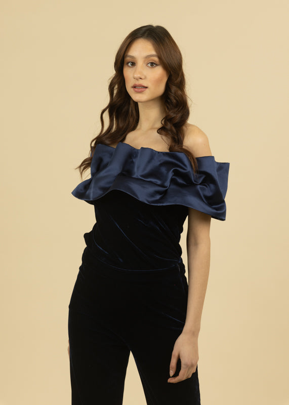 Fee G Marilyn Navy Off the Shoulder Dressy Top with Satin Wrap Detail Ribbon Rouge Boutiques