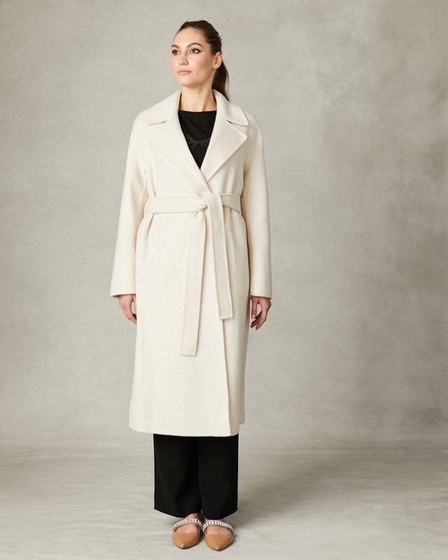 Fee G Hazel Cream Belted Dress Coat – Elegant Midi Length Outerwear