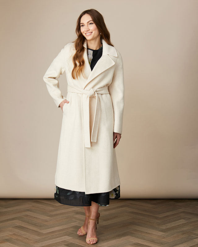 Fee G Hazel cream belted dress coat with wide lapel and midi length