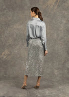 Fee G Aria Silver Midi Length Sequin Skirt From Back