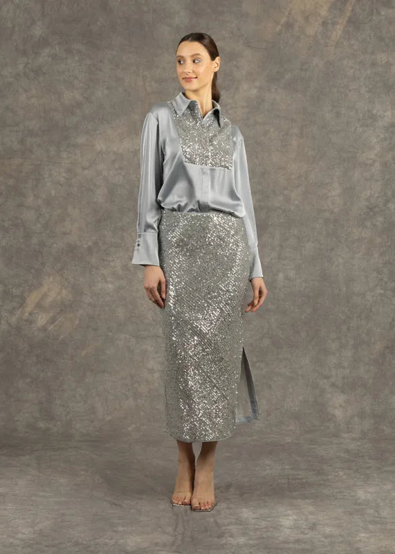 Fee G Aria Silver Stretch Sequin Skirt