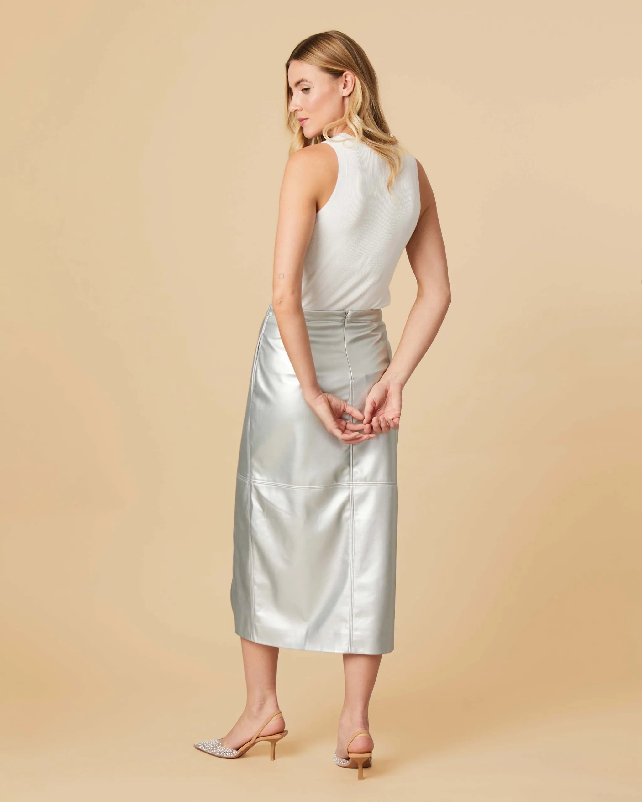 Fee G Amanda Silver Faux Leather Midi Skirt From The Back