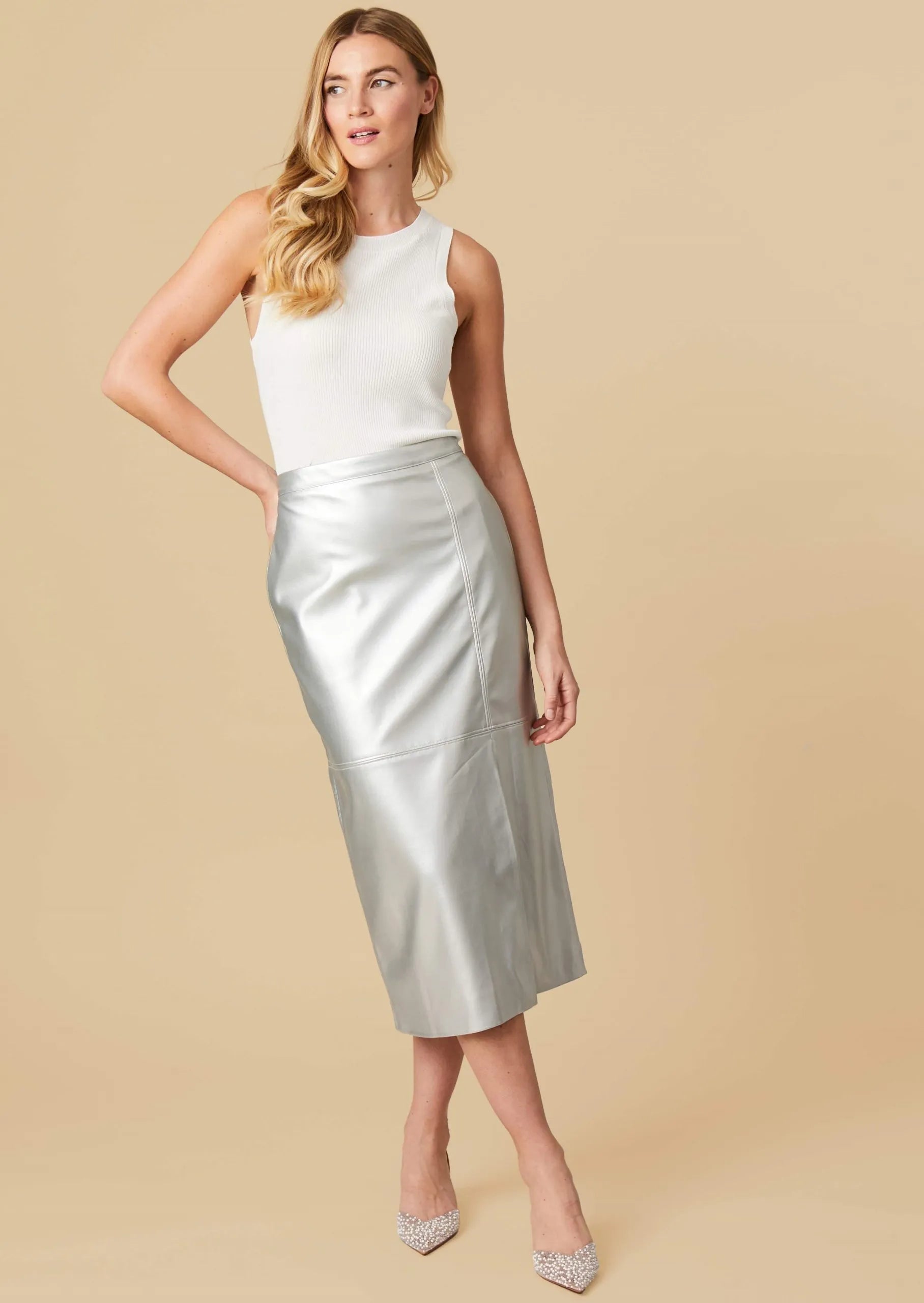 Fee G Amanda Faux Leather Midi Skirt In silver 