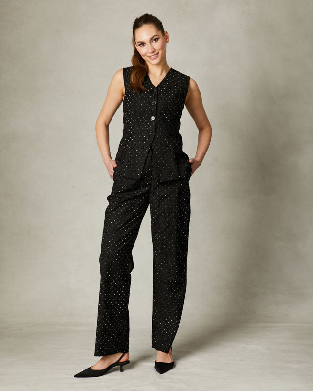 Fee G black wide-leg trousers with silver hotfix sparkle detail.