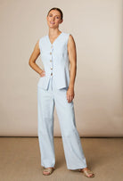 Fee G Candy cotton wide leg trousers styled with light blue Jade waistcoat