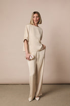 Fee G champagne satin crepe occasion trousers three-quarter view