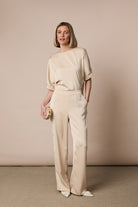 Fee G champagne satin crepe wide leg trousers styled with matching Nina Top
