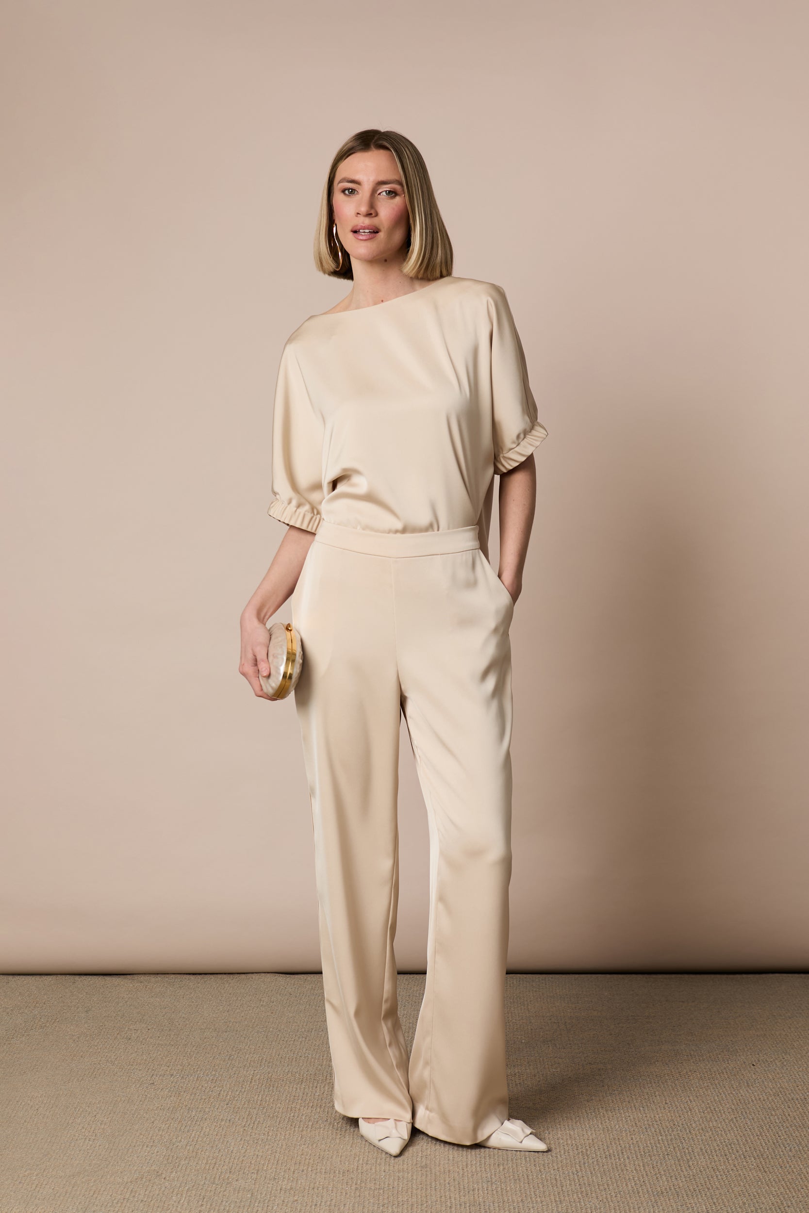 Fee G champagne satin crepe wide leg trousers styled with matching Nina Top