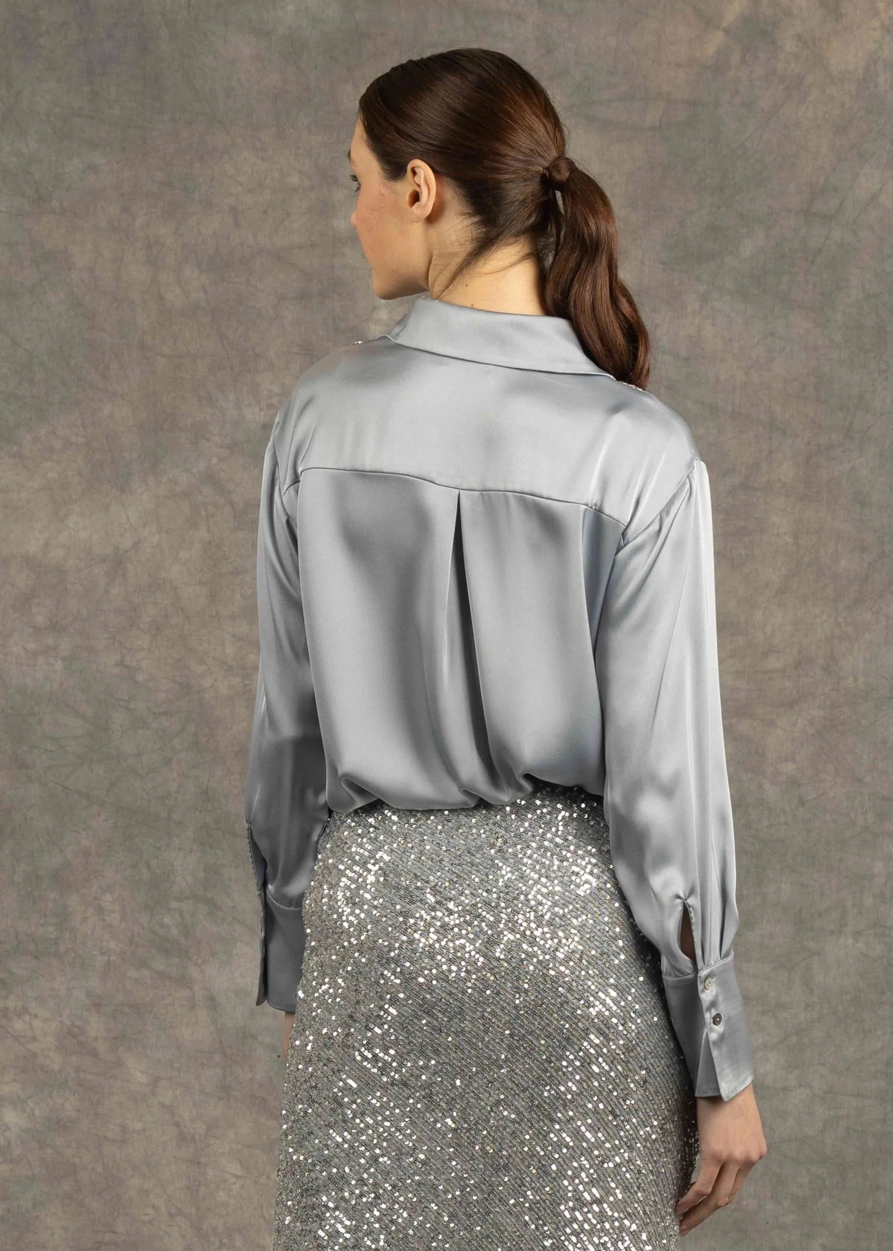 Fee G Valentina Silver Satin Sequin Shirt From The Back