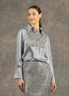 Fee G Valentina Silver Satin Sequin Shirt