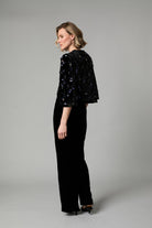 Fee G Jade embellished velvet jacket side view showing gathered shoulder detail