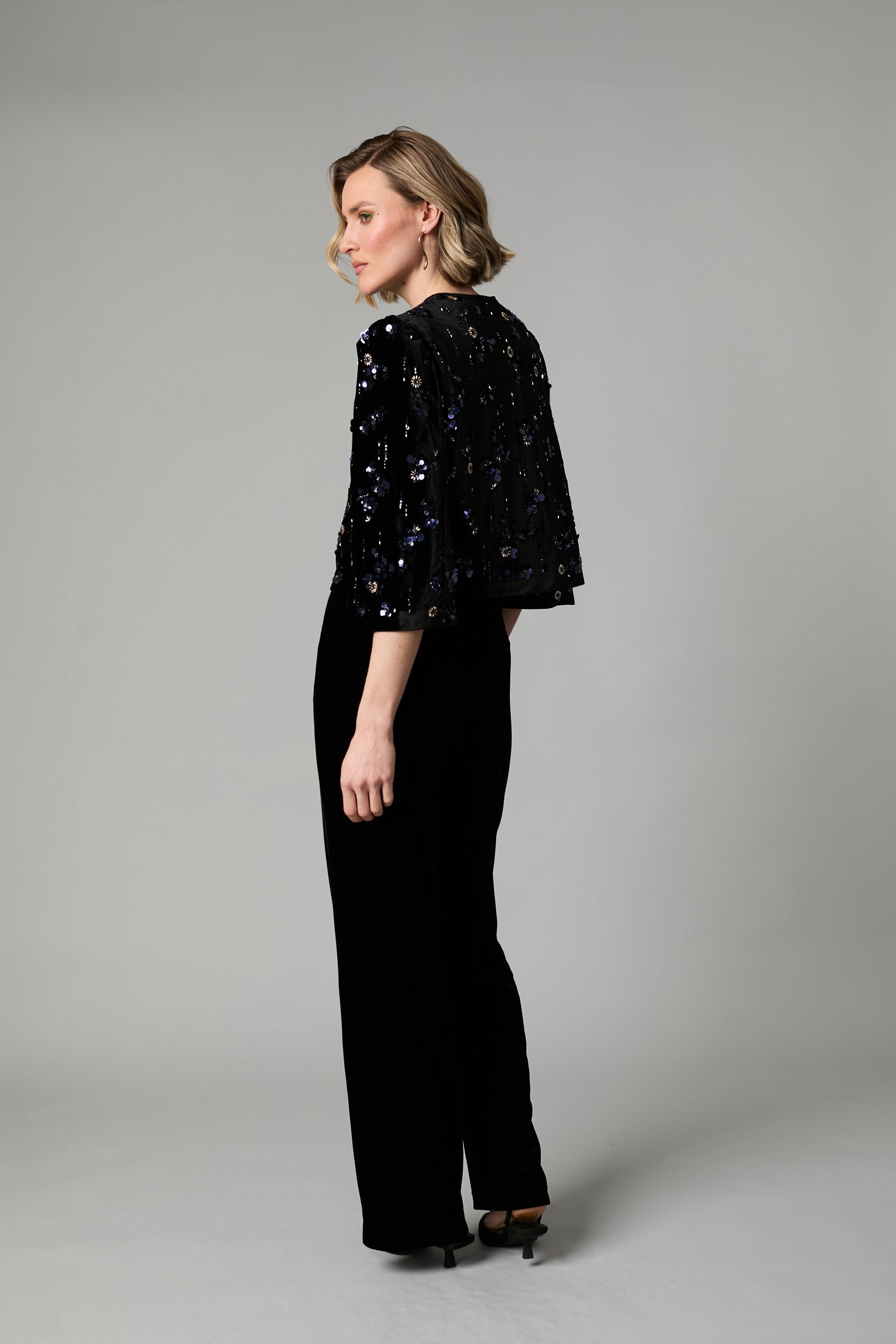 Fee G Jade embellished velvet jacket side view showing gathered shoulder detail