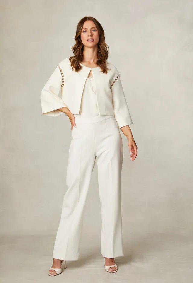 	Fee G cropped pearl sleeve jacket styled with matching outfit
