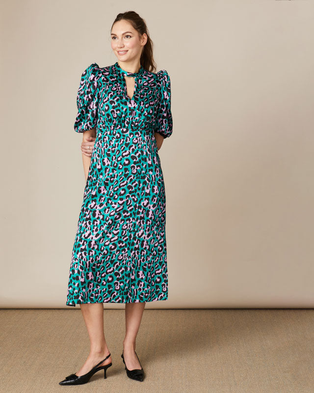 Fee G Vienna midi dress in green and pink animal print