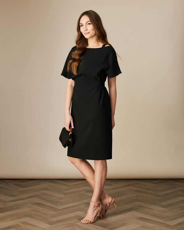 Fee G black flutter sleeve knee length dress front view in black