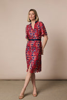 Fee G Stella red and navy floral lace midi occasion dress