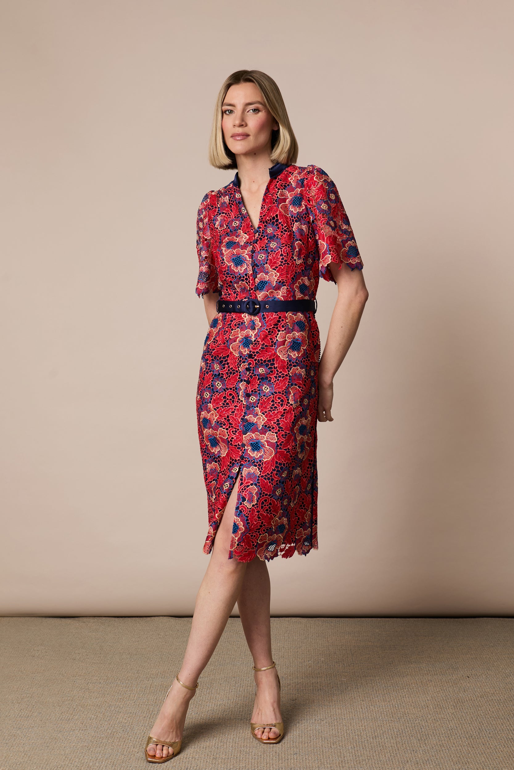 Fee G Stella red and navy floral lace midi occasion dress
