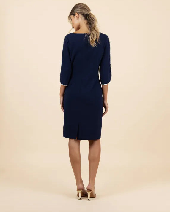 Fee G Rita Navy Tailored Dress With Pearl Split Sleeve From Back