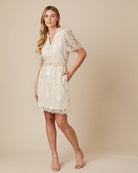 Fee G Serena Embroidered Anglaise Lace Dress In Beige