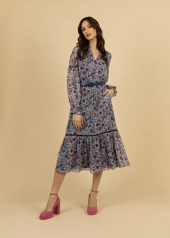 Fee G Tess Blue Floral Print Dress With Lace Detail