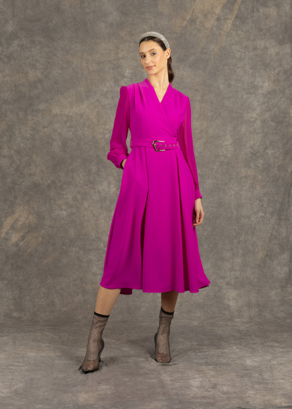 Fee G Sadie Magenta Pink Belted A-line Dress With Long Sleeves