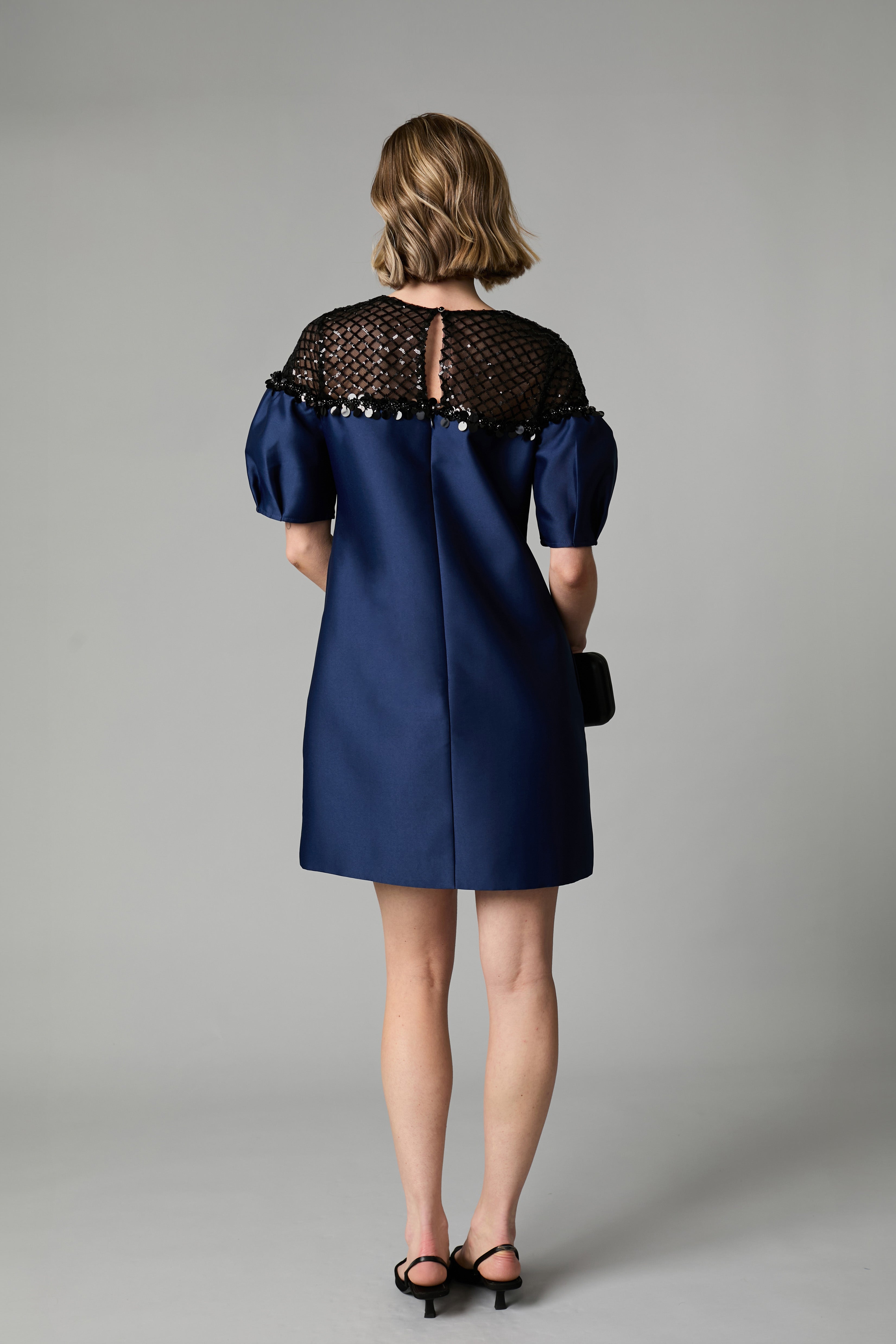 Fee G Cleo navy puff sleeve mini dress back view