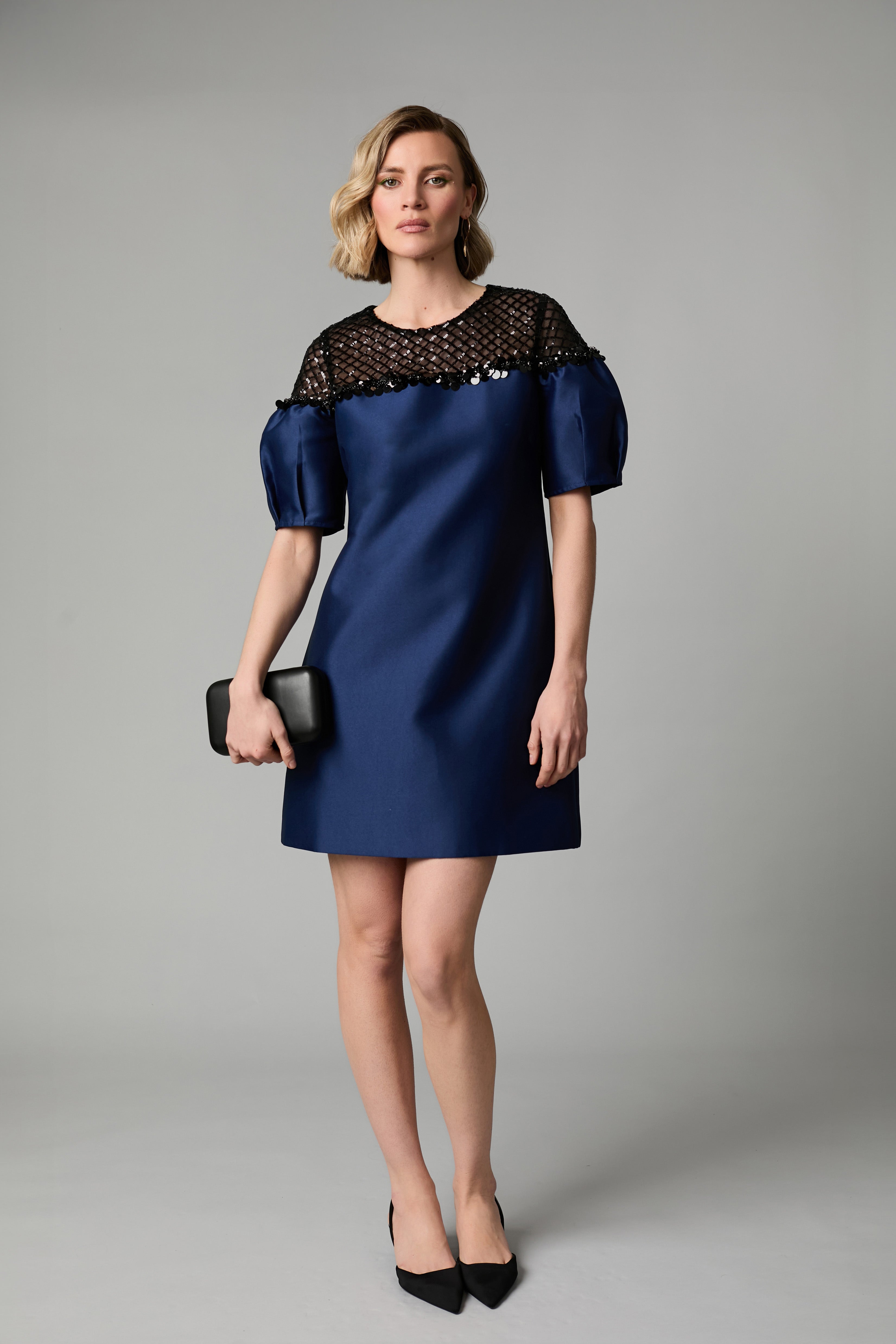 Fee G Cleo navy beaded yoke puff sleeve mini dress front view