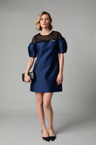 Fee G Cleo navy beaded yoke puff sleeve mini dress front view