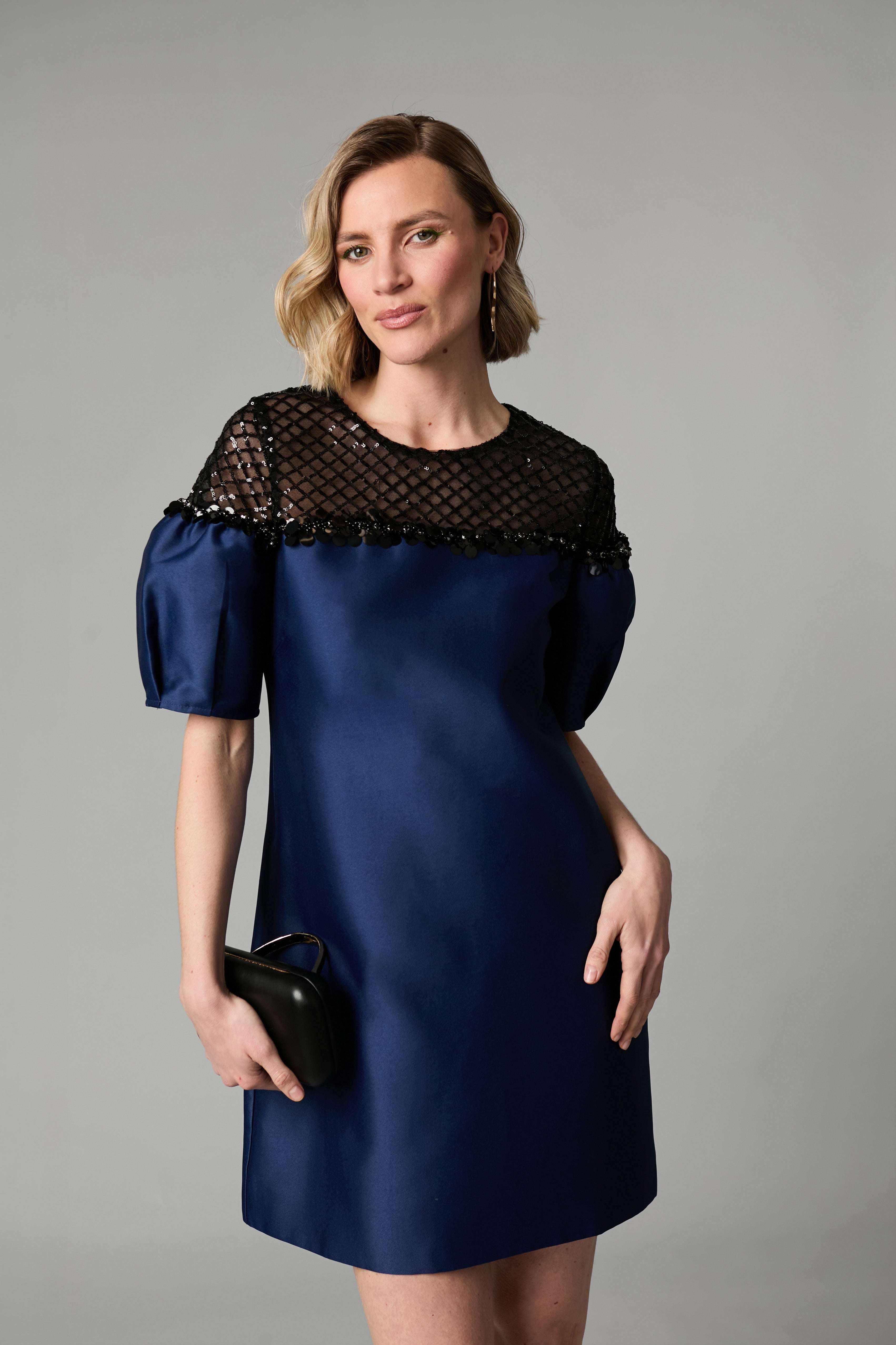 Fee G Cleo navy occasion mini dress with sheer black beaded yoke
