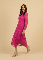 Fee G Beca Pink Long Sleeve Lace Midi Dress