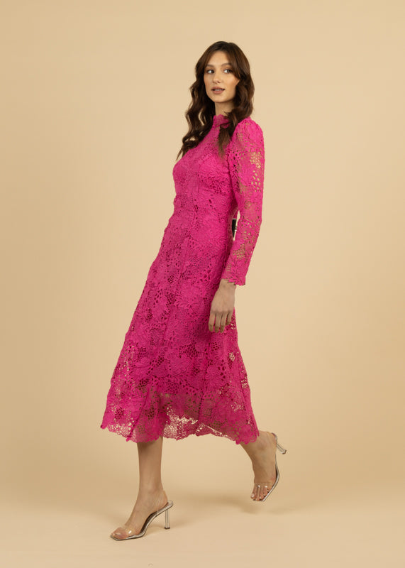 Fee G Beca Pink Long Sleeve Lace Midi Dress